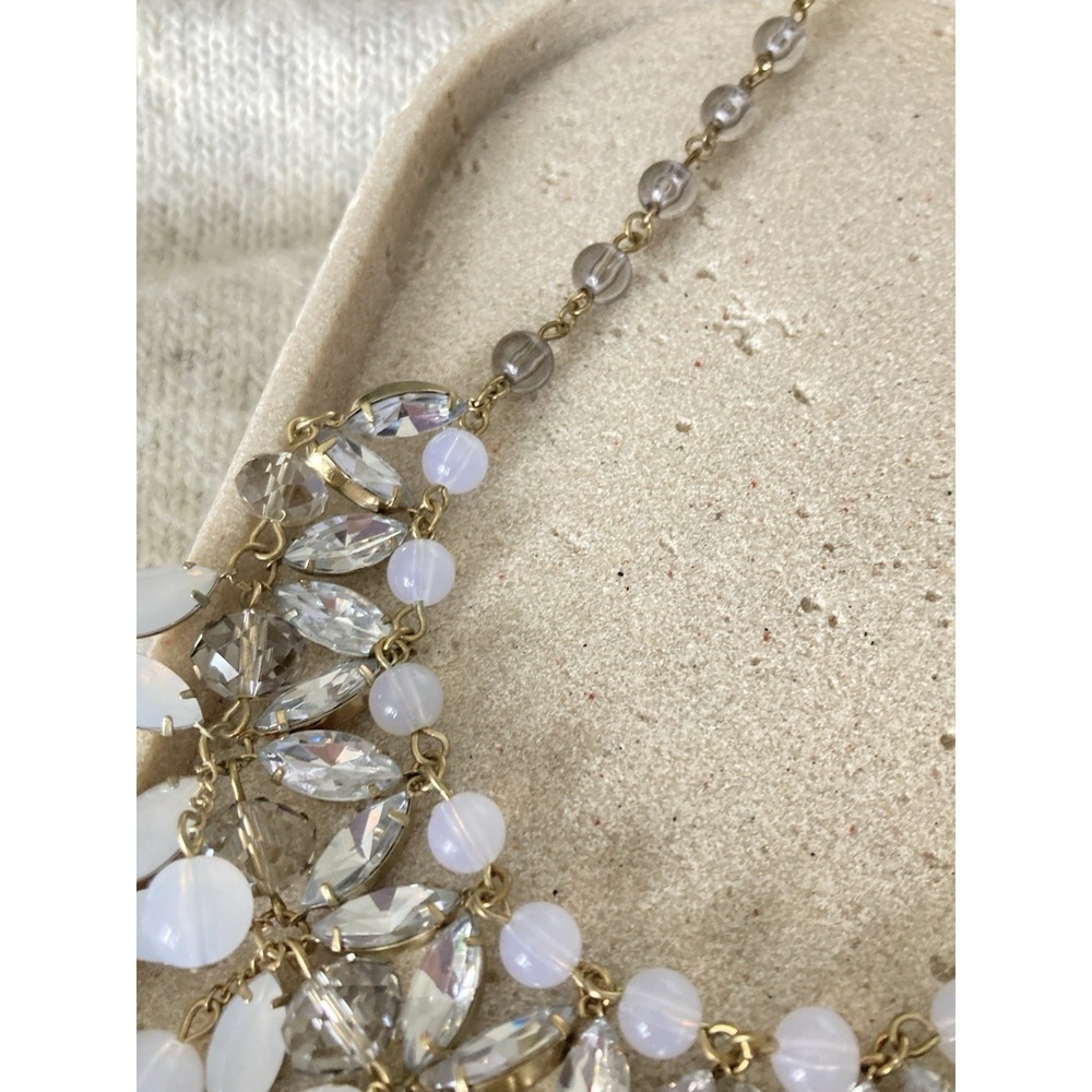 Gold Tone Statement Bib Necklace Rhinestone White Faux Opal Bead Dangle Collar - Picture 3 of 8